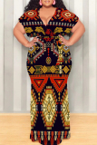 Dark Khaki Casual National Totem Print Lace Up Contrast V Neck Printed Plus Size Dresses