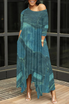 Gray Blue Casual Street Faux Denim Print Pocket Irregular Contrast Oblique Collar Irregular Dresses