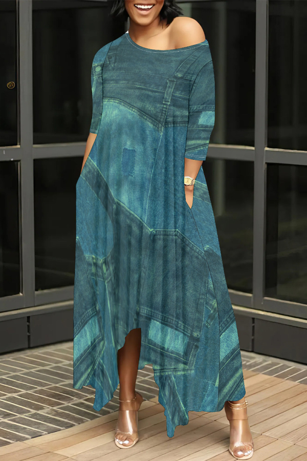 Gray Blue Casual Street Faux Denim Print Pocket Irregular Contrast Oblique Collar Irregular Dresses