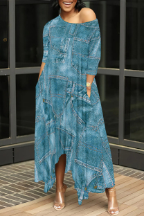 Medium Blue Casual Street Faux Denim Print Pocket Irregular Contrast Oblique Collar Irregular Dresses