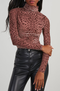 Brownness Casual Print Patchwork Turtleneck Tops