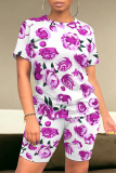 Grey Casual Street Floral Print Stripe Contrast O Neck Short Sleeve Two Pieces