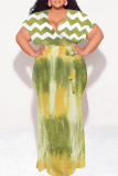 Green Sexy Geometric Print Gradient Lace Up Contrast V Neck Printed Plus Size Dresses
