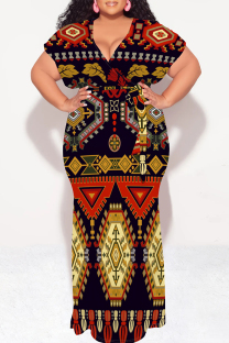 Black Red Casual National Totem Print Lace Up Contrast V Neck Printed Plus Size Dresses