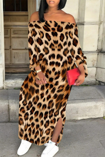 Brown Sexy Leopard Print Lace Up Slit Contrast Off Shoulder Printed Dresses