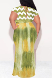 Green Sexy Geometric Print Gradient Lace Up Contrast V Neck Printed Plus Size Dresses