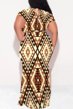 Dark Khaki Casual National Totem Print Lace Up Contrast V Neck Printed Plus Size Dresses