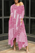 Pink Casual Street Faux Denim Print Pocket Irregular Contrast Oblique Collar Irregular Dresses