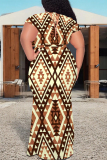 Dark Khaki Casual National Totem Print Lace Up Contrast V Neck Printed Plus Size Dresses