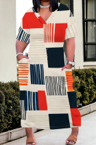 Cream White Casual Print Pocket Patchwork V Neck Straight Plus Size Dresses