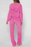 Rose Red Casual Solid Color Zipper Hooded Long Sleeve Two Pieces