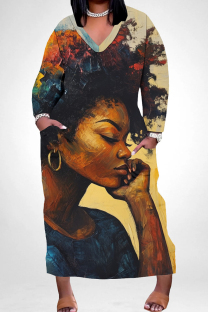Yellow Casual Print Pocket Patchwork V Neck Straight Plus Size Dresses