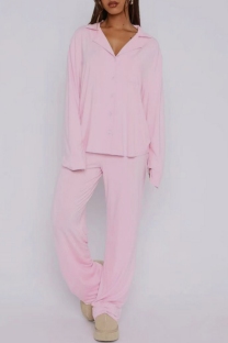 Pink Casual Solid Color Buttons Turndown Collar Long Sleeve Two Pieces