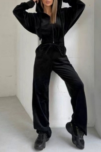 Black Casual Solid Color Zipper Hooded Long Sleeve Two Pieces