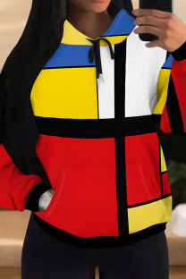 Yellow And Blue Casual Print Pocket Patchwork Hooded Tops