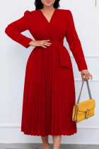 Red Casual Solid Color Patchwork Pleated V Neck Long Dresses