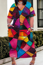 Colour Casual Print Pocket Patchwork V Neck Straight Plus Size Dresses