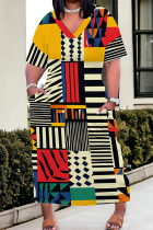 Multicolor Casual Print Pocket Patchwork V Neck Straight Plus Size Dresses