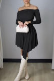 Black Casual Solid Color Irregular Hem Off Shoulder Long Sleeve Dresses