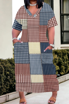 Red Blue Casual Print Pocket Patchwork V Neck Straight Plus Size Dresses