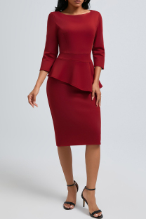 Burgundy Elegant Solid Color Patchwork Slit Zipper O Neck Wrapped Skirt Dresses