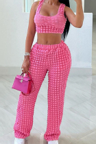 Deep Pink Casual Solid Color Patchwork U Neck Plus Size Two Pieces
