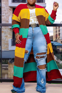 Red Casual Colorblock Pocket Patchwork Cardigan Collar Outerwear