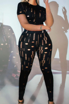 Black Sexy Solid Color Ripped Patchwork O Neck Plus Size Two Pieces
