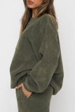 Army Green Solid Color Pocket Patchwork O Neck Long Sleeve Two Pieces