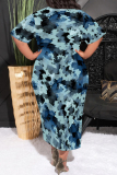 Blue Casual Geometric Print Stripe Gradient O Neck Printed Plus Size Dresses