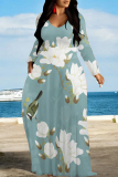 Light Purple Elegant Floral Print Tie Dye Pocket Contrast V Neck Printed Dresses