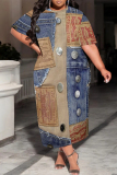 Blue Coffee Casual Street Faux Denim Print Pocket O Neck Printed Plus Size Dresses