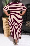 Blue Casual Geometric Print Stripe Gradient O Neck Printed Plus Size Dresses