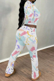 White Casual Street Floral Print Tie Dye Contrast O Neck Long Sleeve Two Pieces