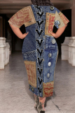 Blue Coffee Casual Street Faux Denim Print Pocket O Neck Printed Plus Size Dresses