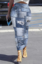 Baby Blue Casual Street Faux Denim Print Contrast Skinny High Waist Full Print Bottoms
