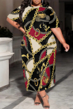 Gold Casual Chain print Pocket Contrast O Neck Printed Plus Size Dresses