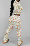 White Casual Street Floral Print Tie Dye Contrast O Neck Long Sleeve Two Pieces