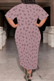 Blue Casual Geometric Print Stripe Gradient O Neck Printed Plus Size Dresses
