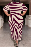 Blue Casual Geometric Print Stripe Gradient O Neck Printed Plus Size Dresses