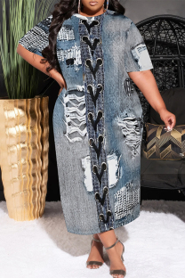 Medium Blue Casual Street Faux Denim Print Pocket O Neck Printed Plus Size Dresses