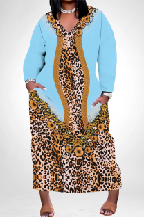 Light Blue Casual Snakeskin Print Leopard Pocket Contrast V Neck Printed Plus Size Dresses
