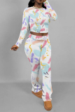White Casual Street Floral Print Tie Dye Contrast O Neck Long Sleeve Two Pieces