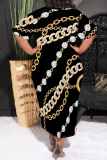 Gold Casual Chain print Pocket Contrast O Neck Printed Plus Size Dresses