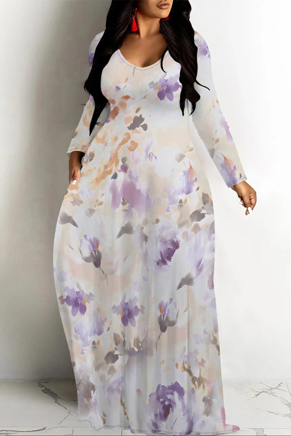 Light Purple Elegant Floral Print Tie Dye Pocket Contrast V Neck Printed Dresses