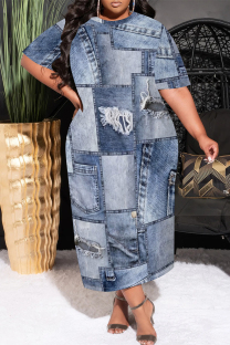Baby Blue Casual Street Faux Denim Print Pocket O Neck Printed Plus Size Dresses