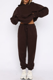 Coffee Casual Solid Color Pocket Patchwork Hooded Long Sleeve Two Pieces
