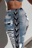 Multicolor Casual Street Faux Denim Print Contrast Skinny High Waist Full Print Bottoms