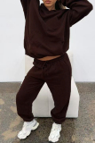 Coffee Casual Solid Color Pocket Patchwork Hooded Long Sleeve Two Pieces