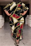 Gold Casual Chain print Pocket Contrast O Neck Printed Plus Size Dresses